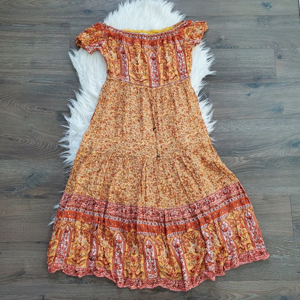 Arnhem Mimosa Orange Yellow Island Off Shoulder Midi Dress - Picture 4 of 7